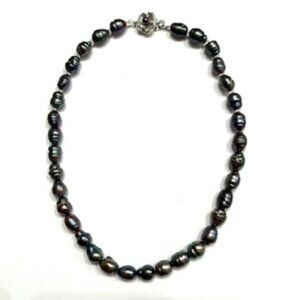 Tahitian Baroque Black Pearl Necklace with Silver Clasp 17” Long